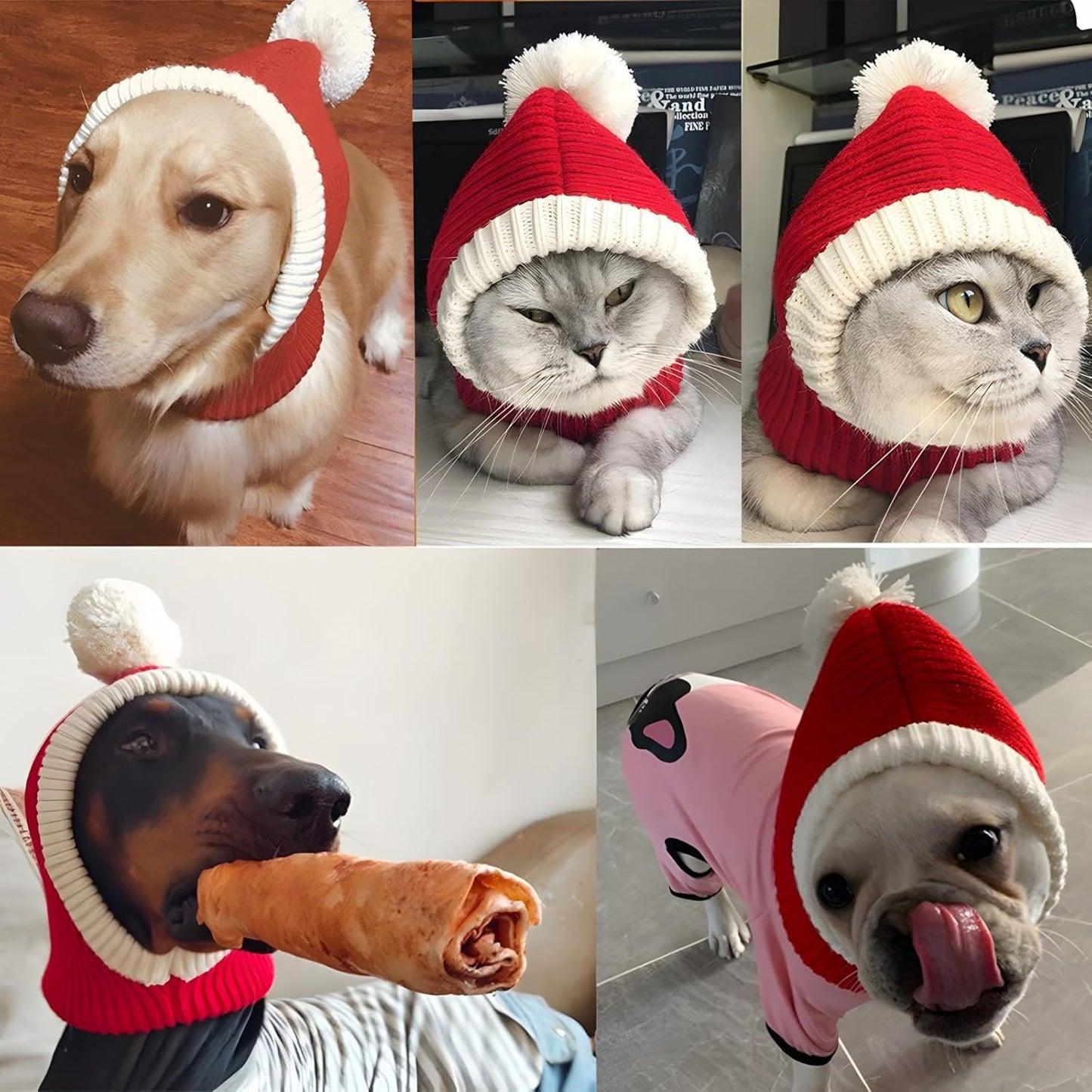 Funny Winter Dog Beanies Cap with Pompon Crocheted Snood Adorable Dog Hat Red Warm Winter Dog Hat Knit Snood Headband Protector for Pets & Women & Man (X-Large)
