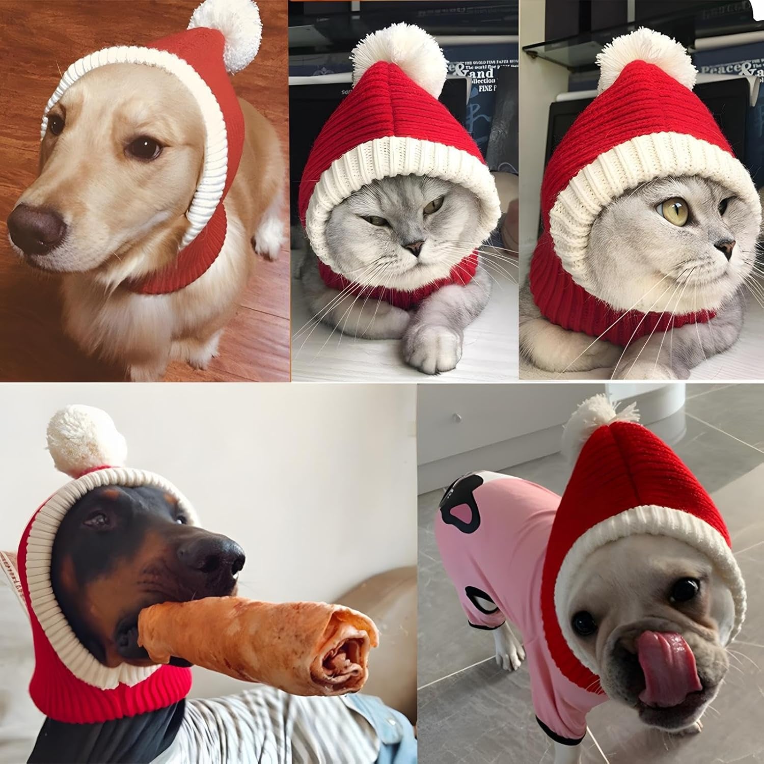 Funny Winter Dog Beanies Cap with Pompon Crocheted Snood Adorable Dog Hat Red Warm Winter Dog Hat Knit Snood Headband Protector for Pets & Women & Man (X-Large)